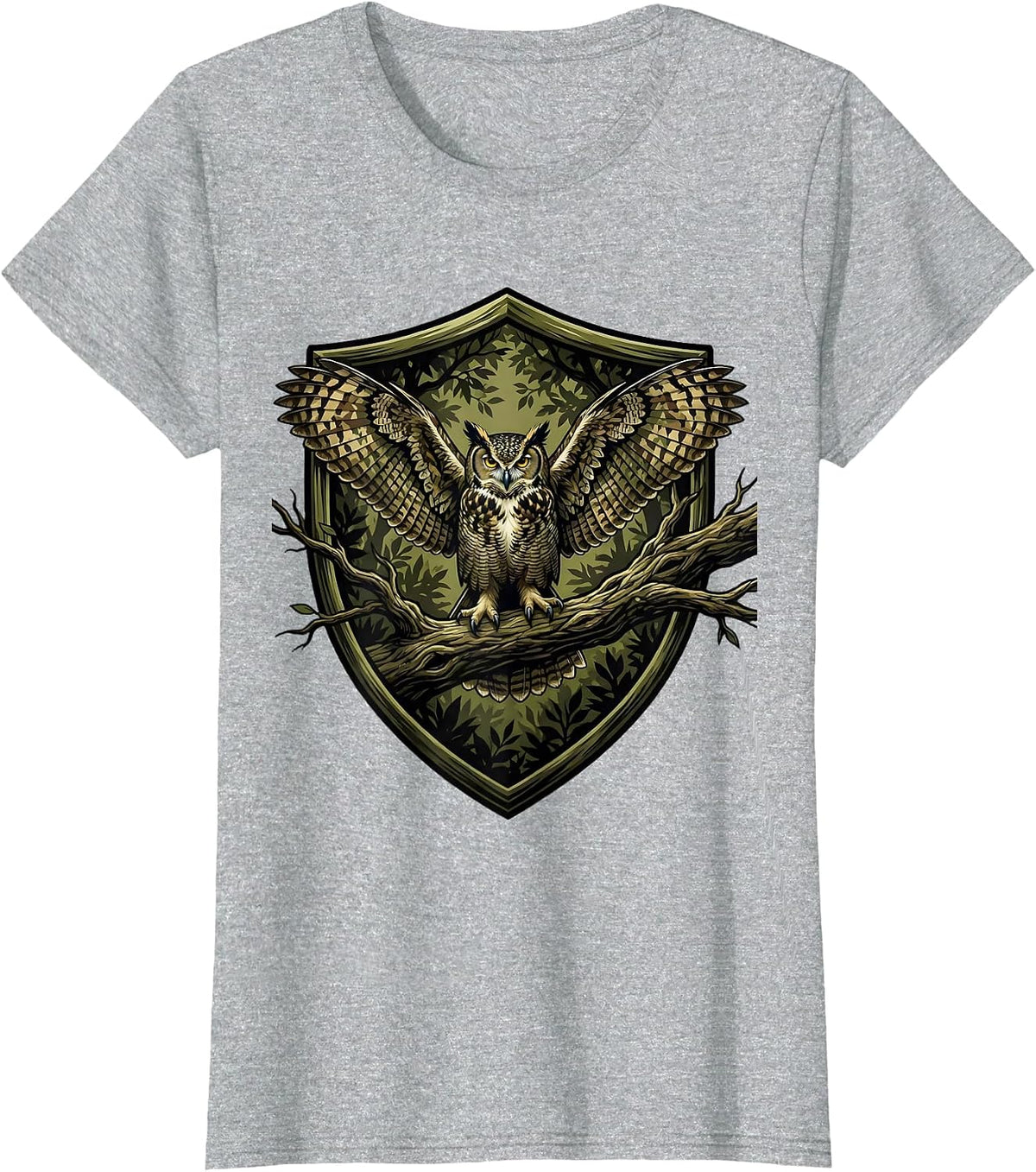 Women's Camo Owl Perched on Branch Night Scene T-Shirt - Heather Grey