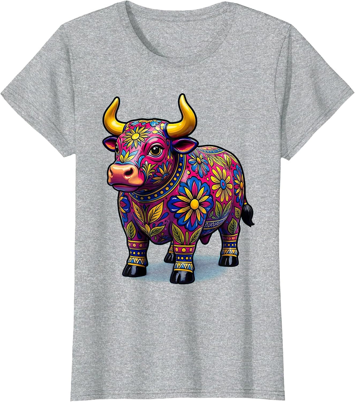 Mexican Talavera Bull Painted Floral Art Design T-Shirt - Heather Grey