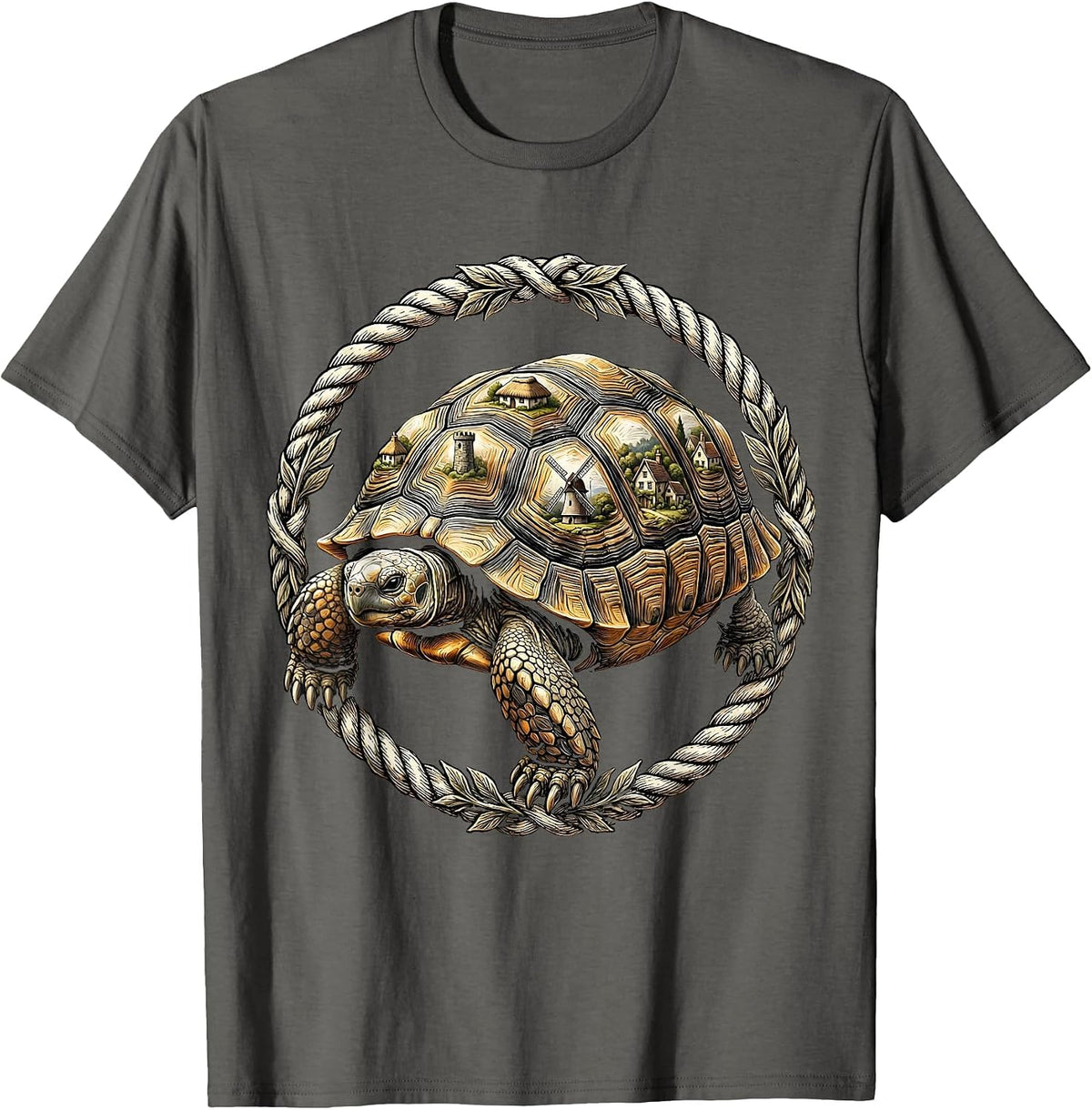 Turtle Carrying a Tiny Village on Its Shell T-Shirt - Asphalt Grey