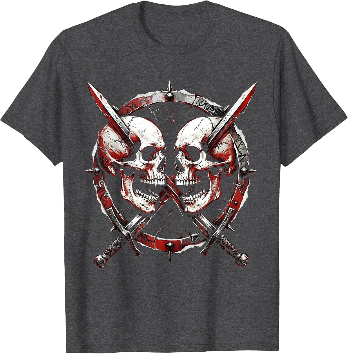 Dual Skulls Crossed Swords Death Metal Graphic T-Shirt - Dark Heather Grey
