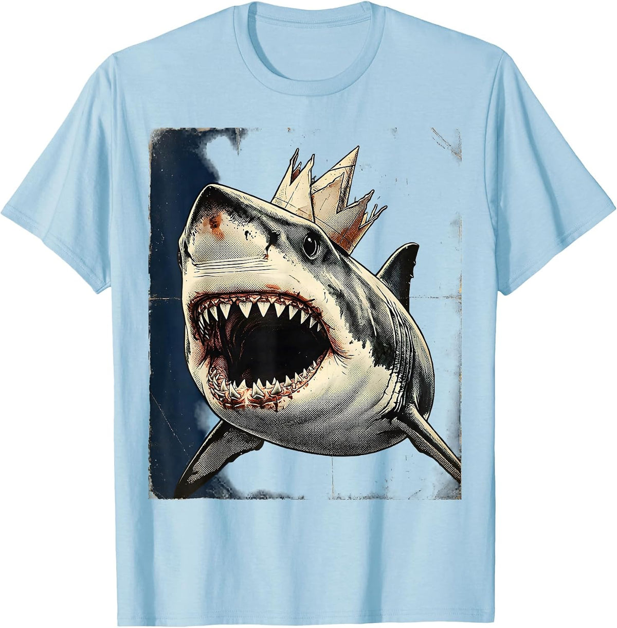 Men's Shark Birthday Party Crown Celebration Graphic T-Shirt - Baby Blue