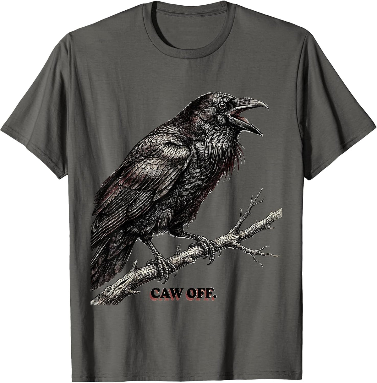 CAW OFF Crosshatch Etching Crow Meme Humor Bird Lover Gift T-Shirt - Asphalt Grey