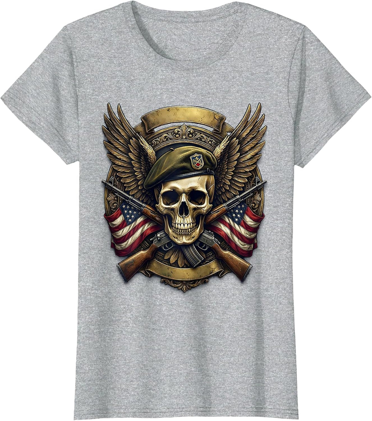 Veteran Skull Military Beret with Wings Graphic T-Shirt - Heather Grey