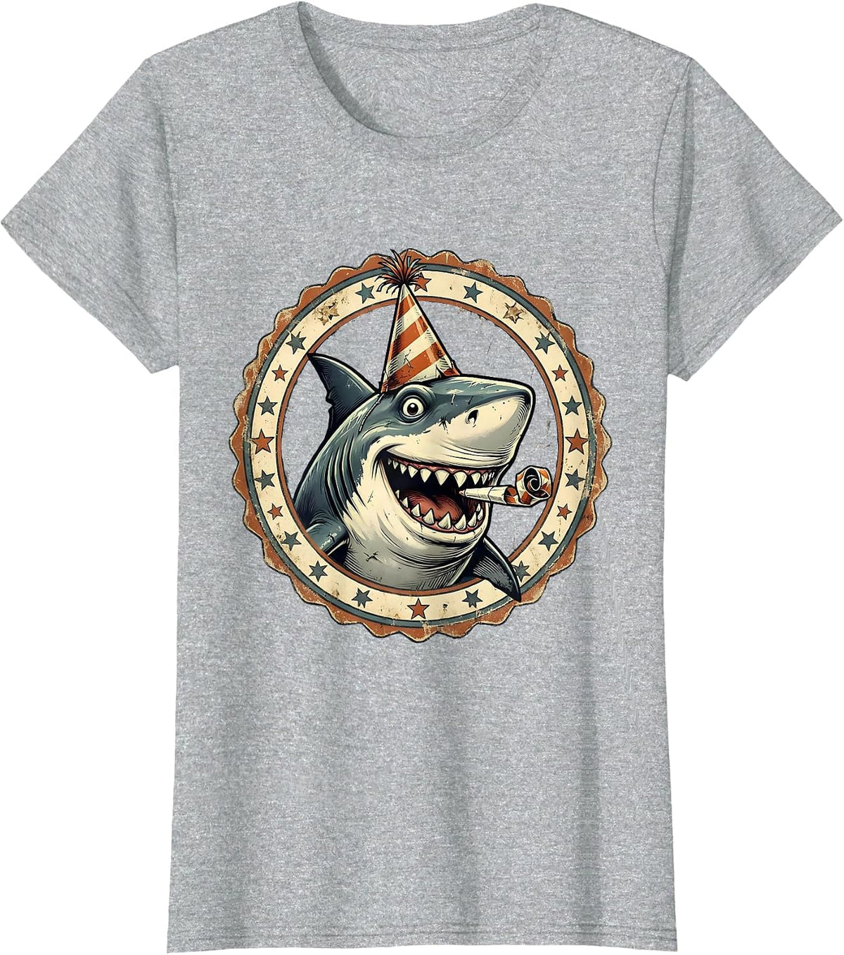 Funny Party Shark Celebration Graphic T-Shirt - Heather Grey
