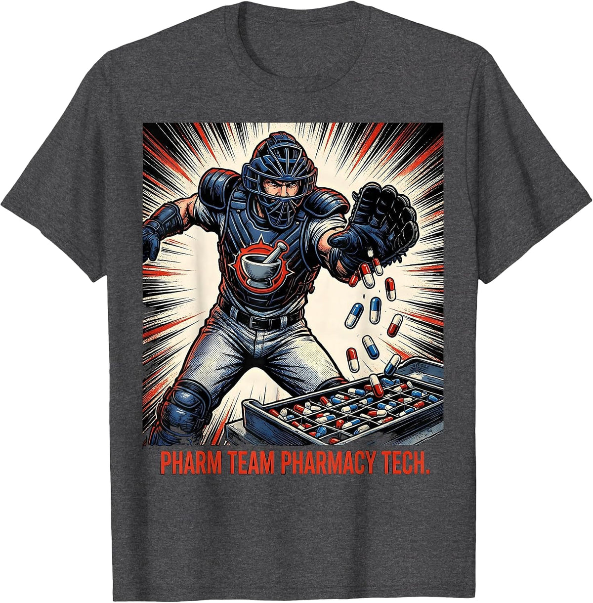 Men's Pharm Team Pharmacy Tech Comic Book Pharmacy Technician T-Shirt - Dark Heather Grey