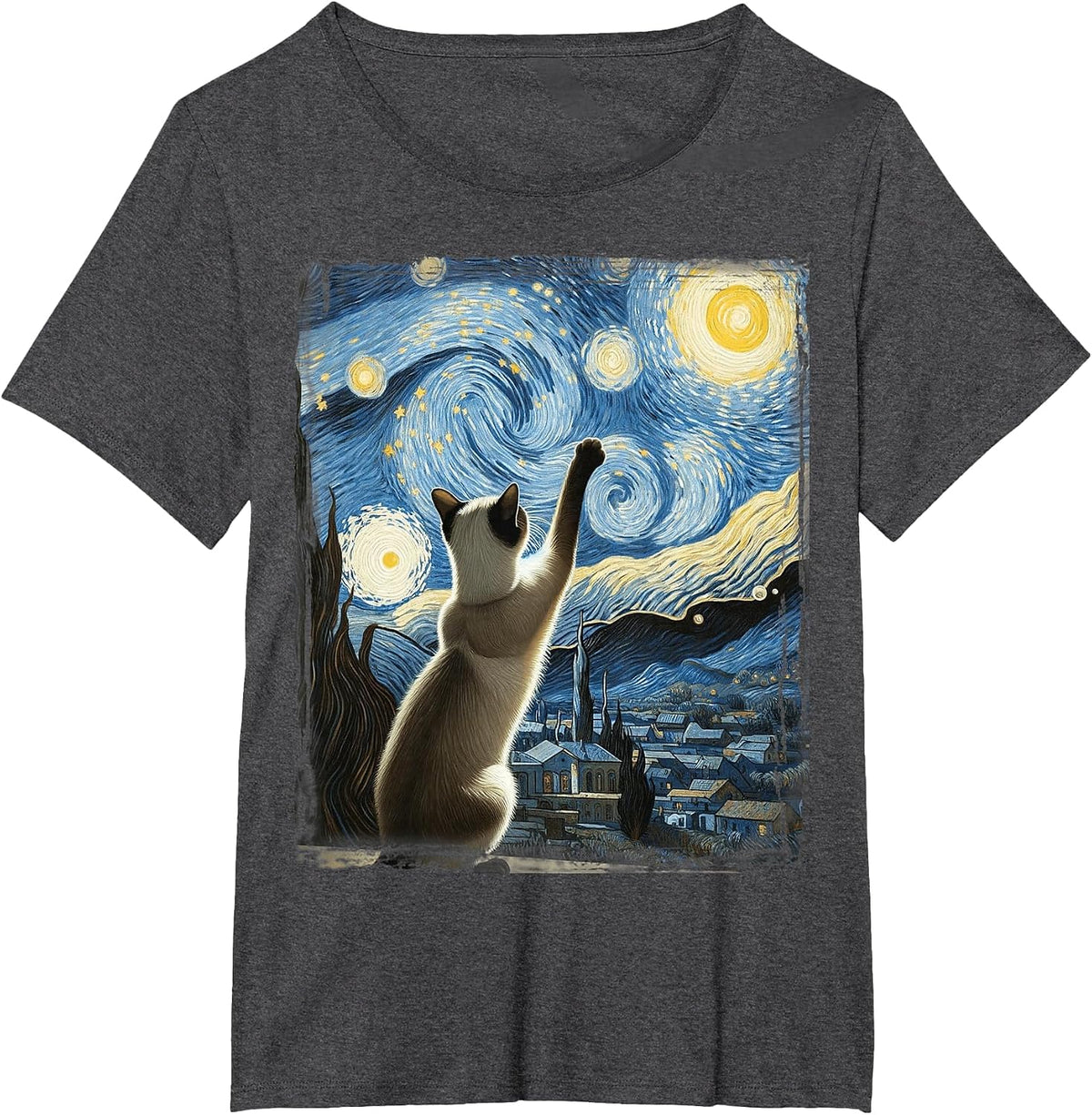 Van Gogh Starry Night Style Artistic Siamese Cat T-Shirt - Dark Heather Grey