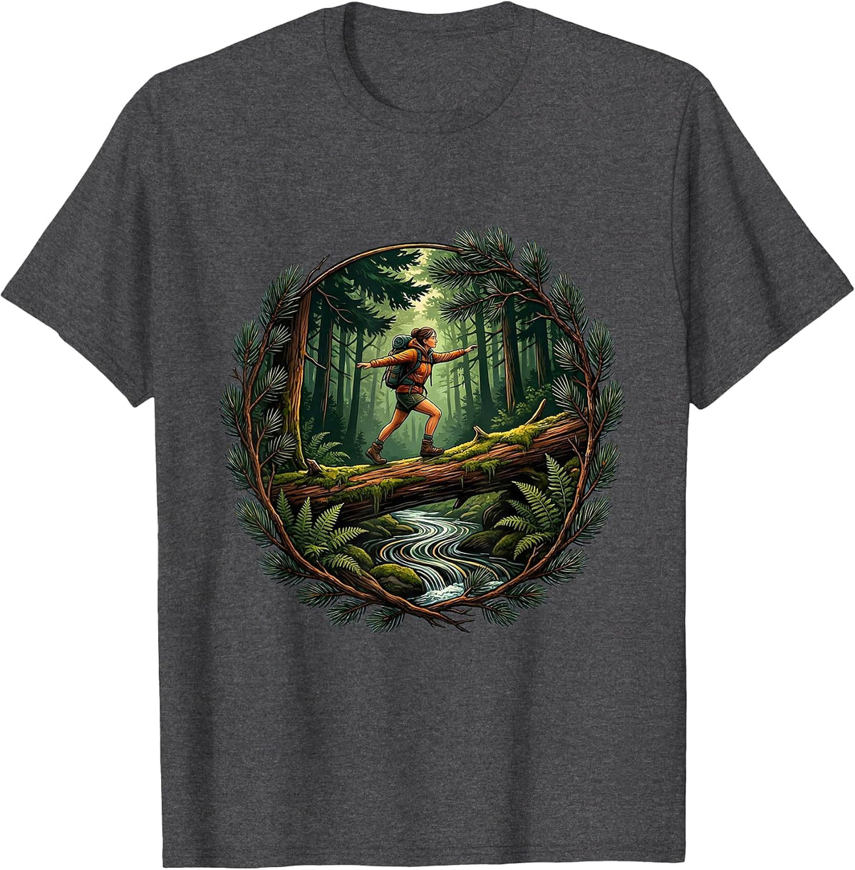 Hiker Crossing Mossy Log Bridge Outdoor Art T-Shirt - Dark Heather Grey