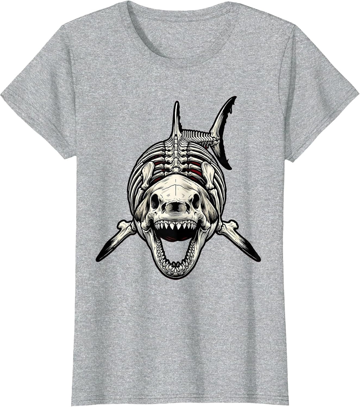 Women's Shark Skeleton Museum Pose Graphic T-Shirt - Heather Grey