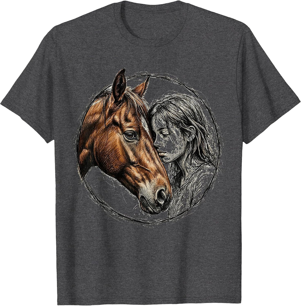 Girl Whispering to Chestnut Horse Illustration T-Shirt - Dark Heather Grey