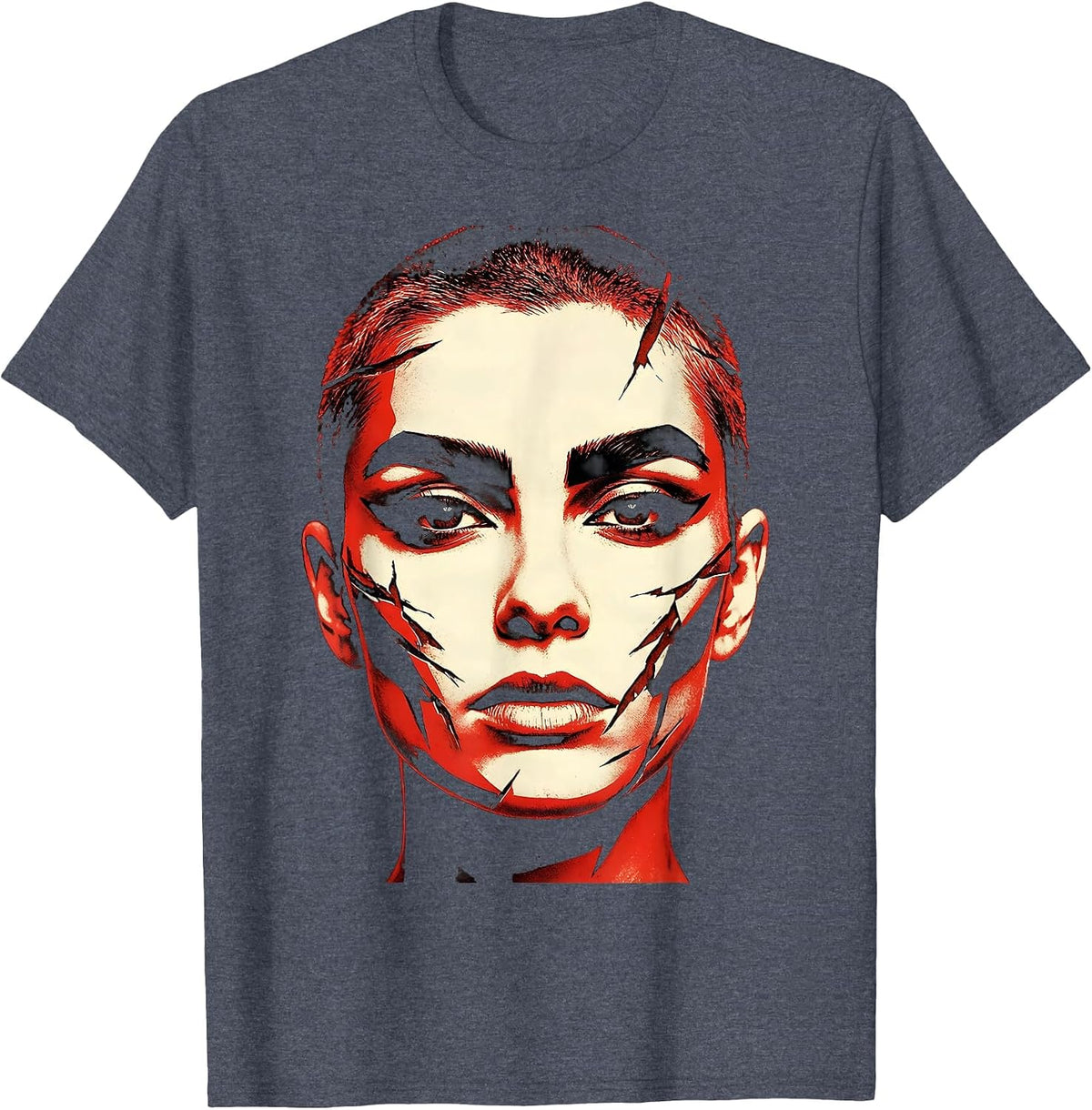 Punk Buzzcut Girl Bold Eye Makeup Graphic Tee T-Shirt - Heather Blue