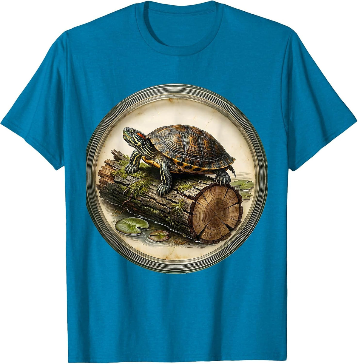 Turtle Sunbathing on a Log Nature Art T-Shirt - Sapphire Blue