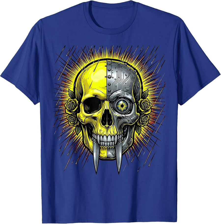 Neon Cyborg Face Cyberpunk Rain Art Design T-Shirt - Royal Blue