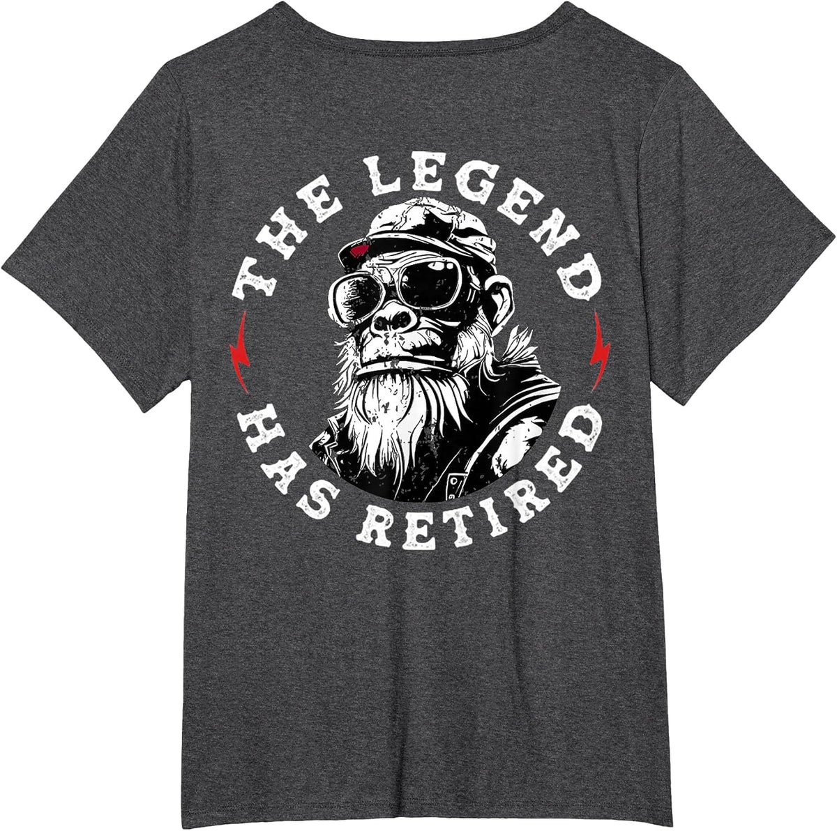 Funny Monkey Retirement The Legend Has Retired (On Back) T-Shirt - Dark Heather Grey