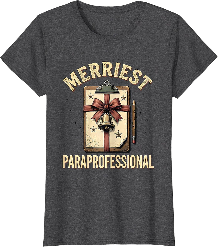 Women's Merriest Paraprofessional Distressed Teacher Christmas Humor T-Shirt - Dark Heather Grey