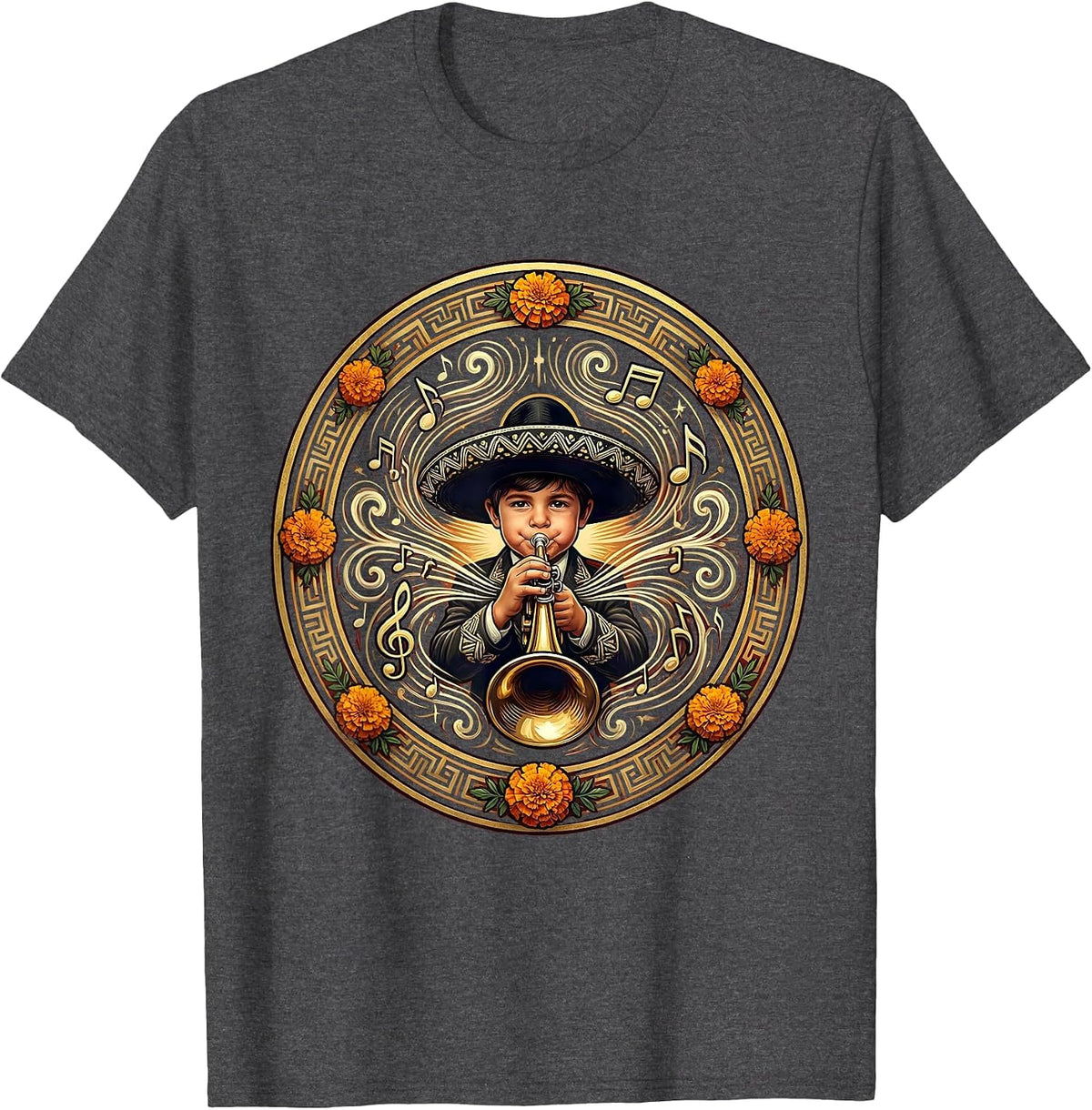 Mexican Boy Trumpet Player Musical Notes Graphic T-Shirt - Dark Heather Grey