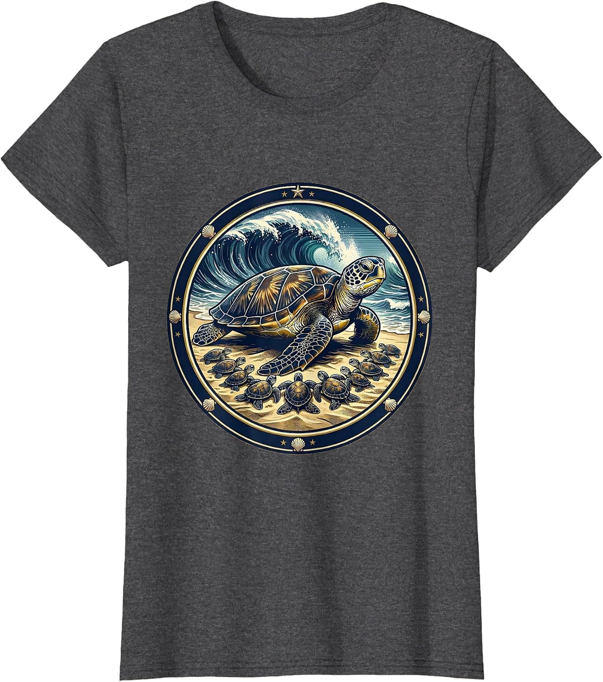 Women's Mama Turtle With Hatchlings on Beach Graphic T-Shirt - Dark Heather Grey