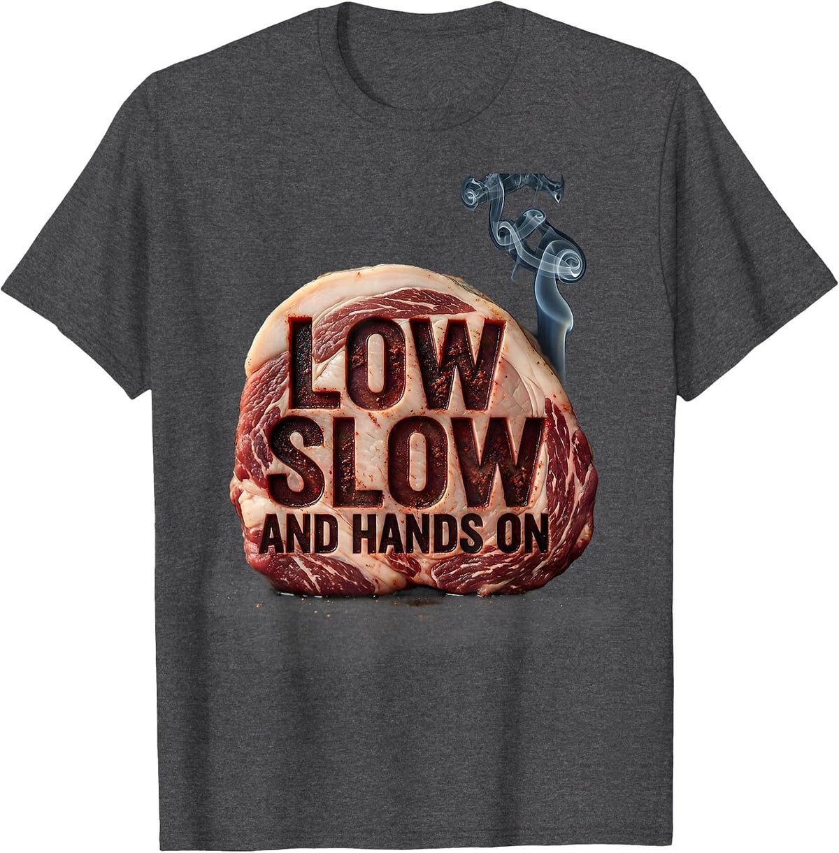 Men's Low, Slow, And Hands On Funny BBQ Grilling Pig Pulled Pork T-Shirt - Dark Heather Grey