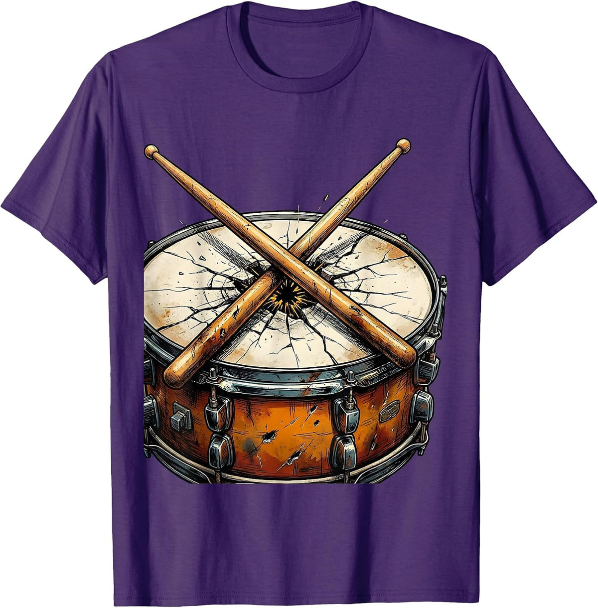 Crossed Drumsticks Cracked Snare Drum Concert Graphic T-Shirt - Purple