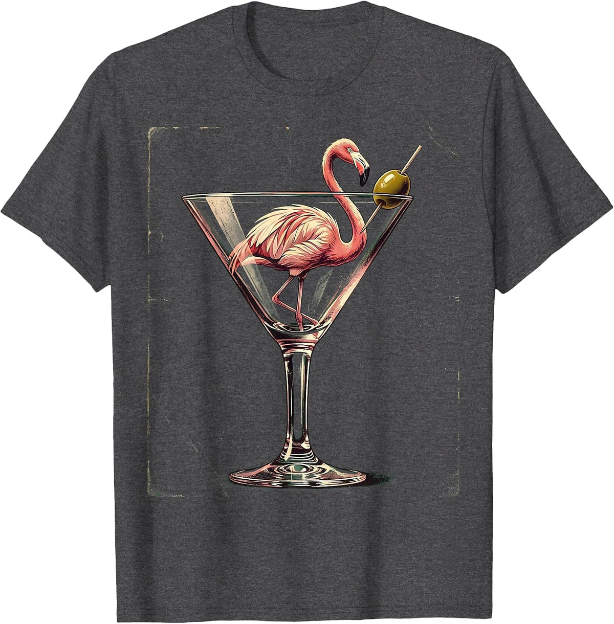 Flamingo in a Martini Glass Graphic Tee T-Shirt - Dark Heather Grey
