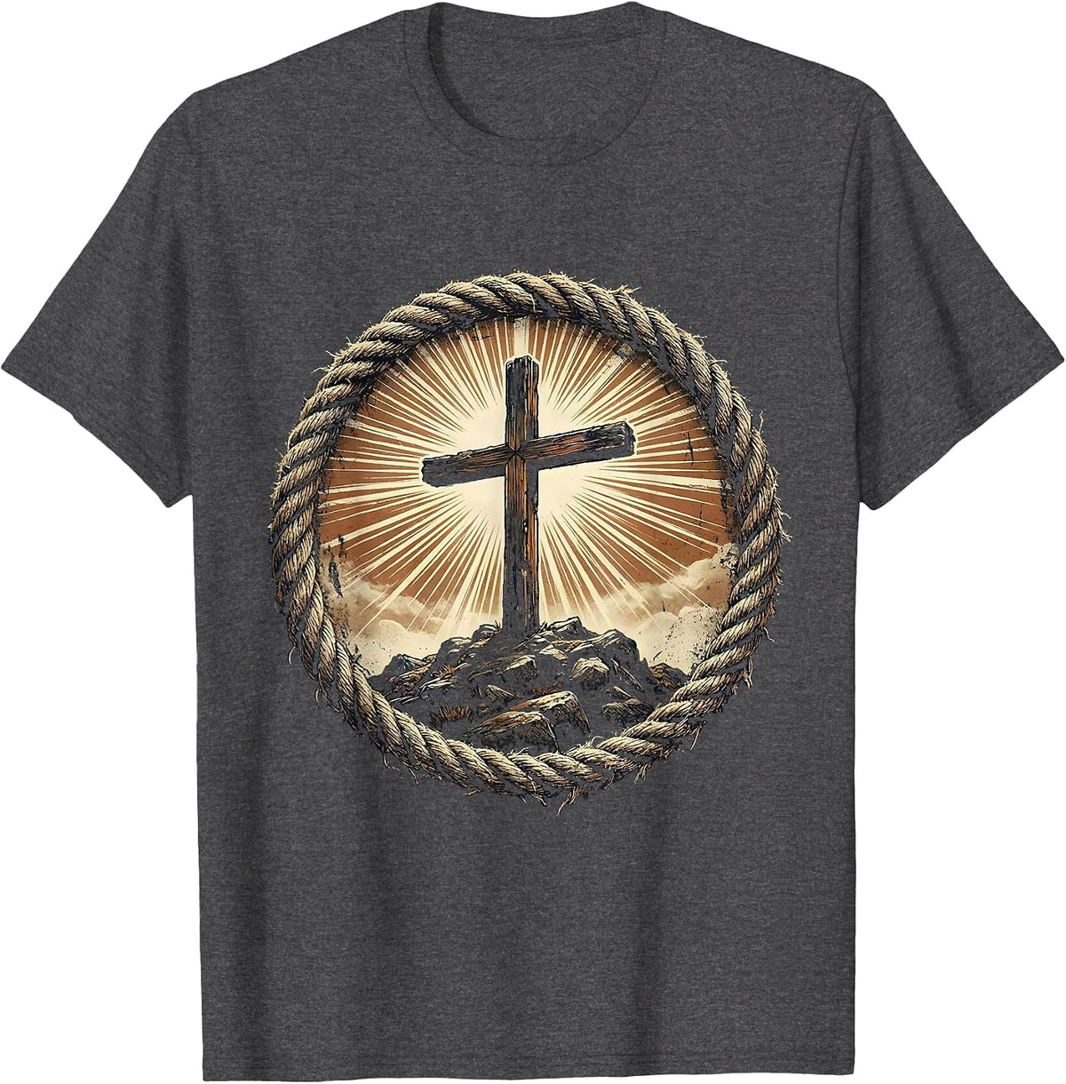 Men's Rugged Cross on Rocky Hilltop Christian Design T-Shirt - Dark Heather Grey
