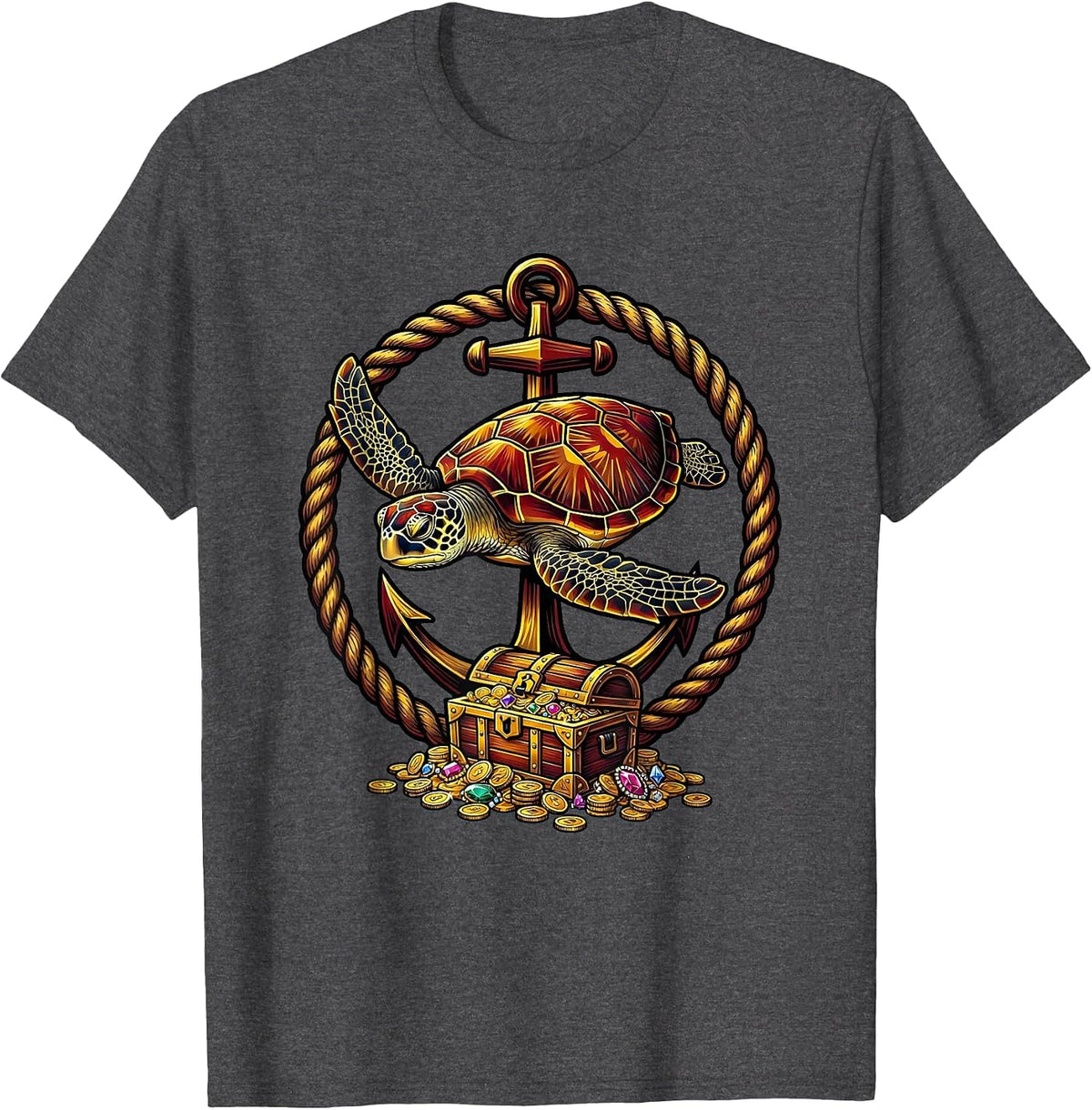 Sea Turtle Sunken Treasure Pirate Ocean Design T-Shirt - Dark Heather Grey