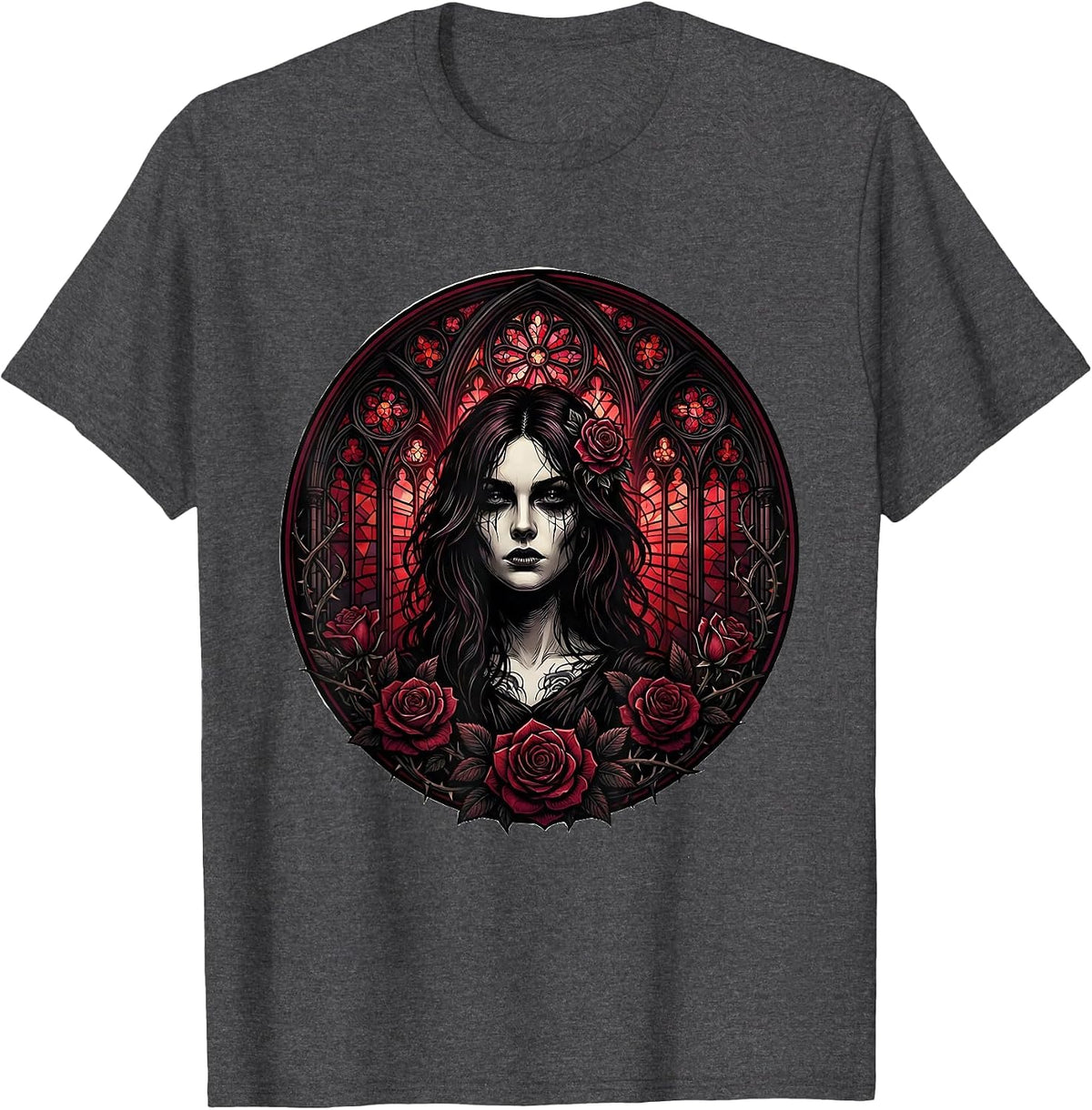 Goth Woman Stained Glass Window Illustration T-Shirt - Dark Heather Grey