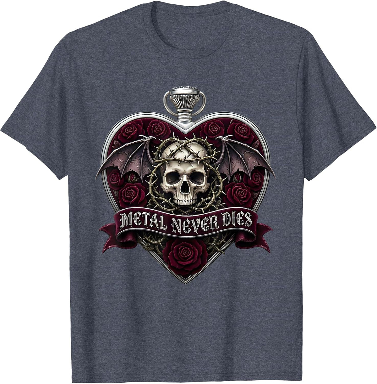 Metal Never Dies Heavy Metal Graphic Design T-Shirt - Heather Blue