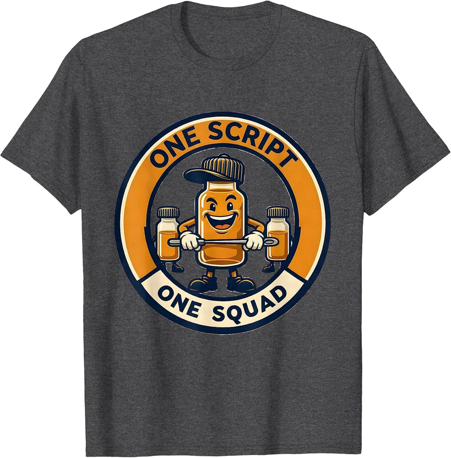 Men's One Script One Squad Cute Pharmacy Tech Squad Humor T-Shirt - Dark Heather Grey