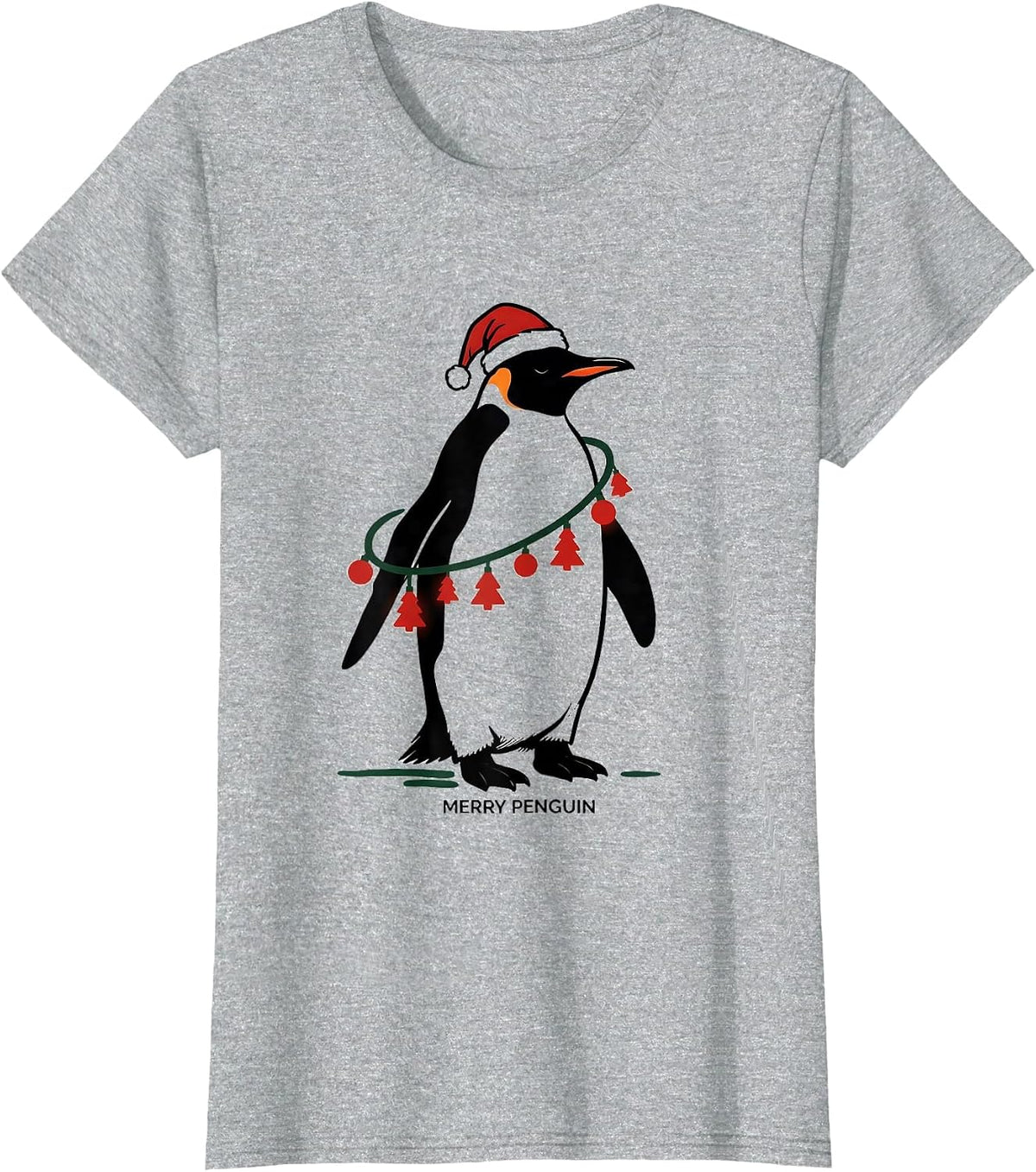 Women's Merry Penguin Funny Penguin Christmas Graphics Animal Lights T-Shirt - Heather Grey