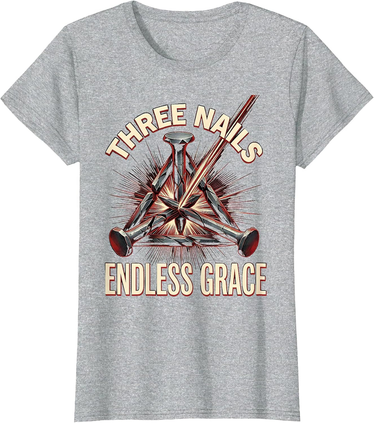 Three Nails Endless Grace Christian Cross Design T-Shirt - Heather Grey