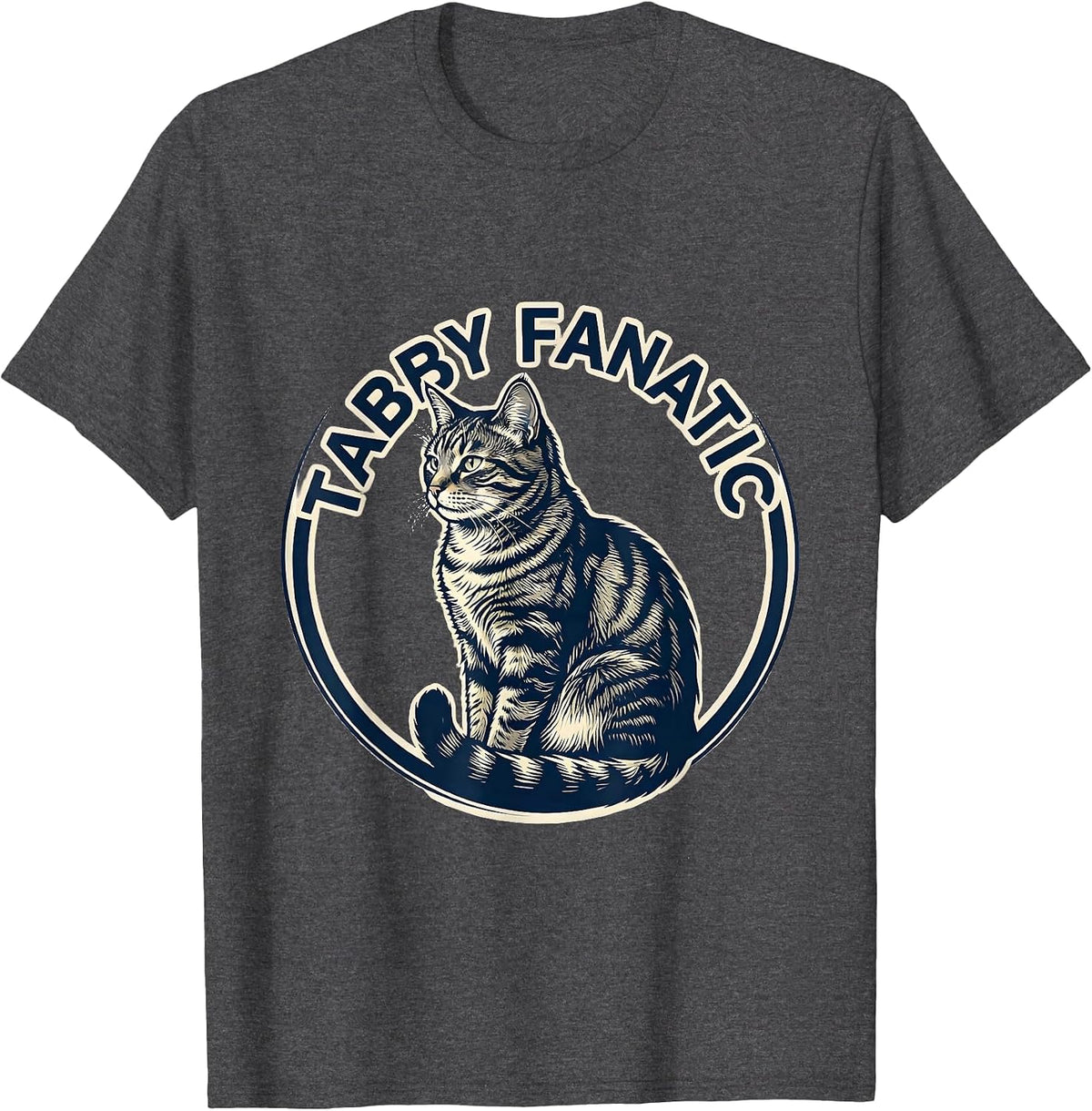 Tabby Fanatic Minimalist Badge Patch Line Art Cat Lover T-Shirt - Dark Heather Grey