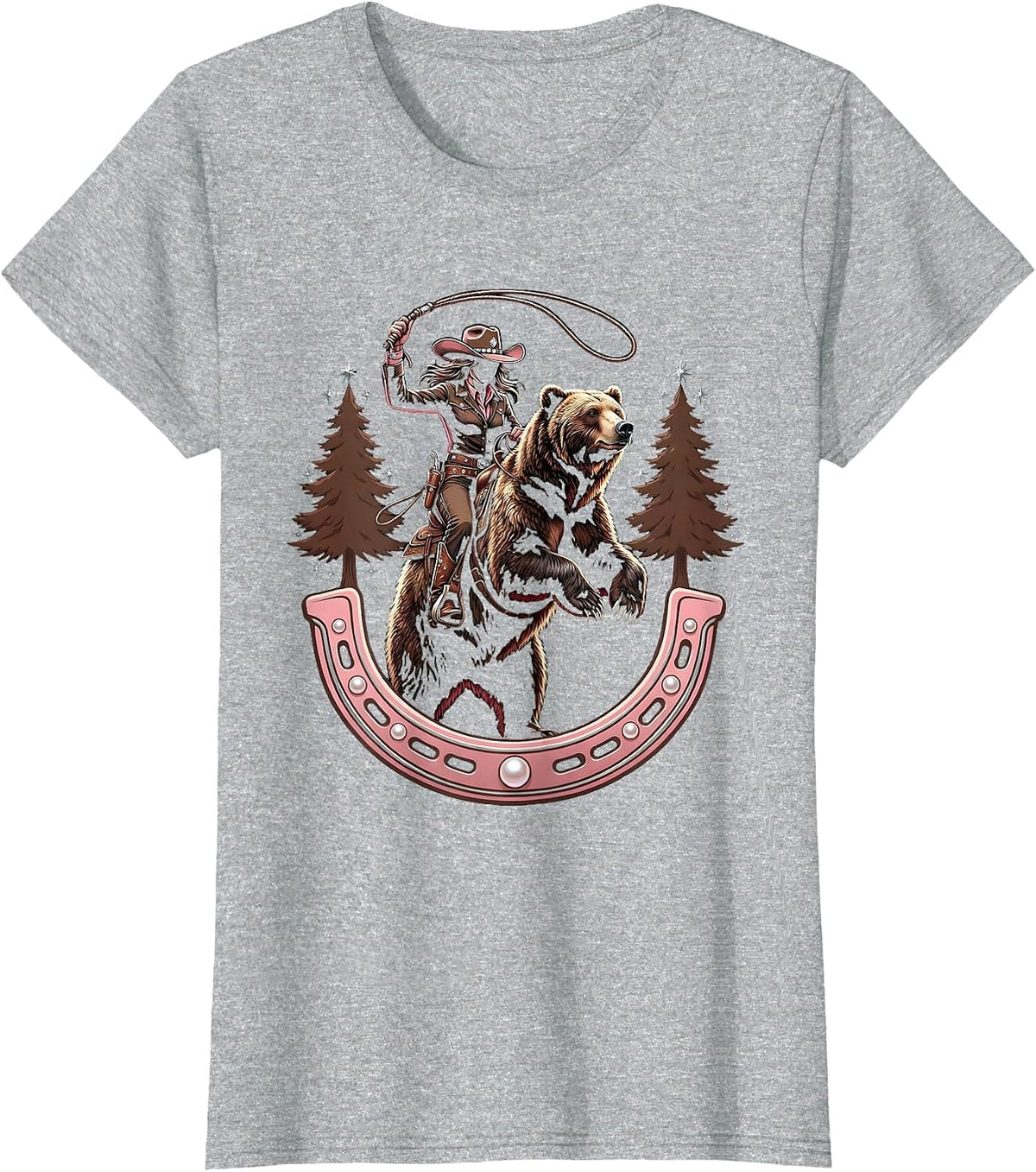 Cowgirl Riding Bear Through Pine Forest T-Shirt - Heather Grey