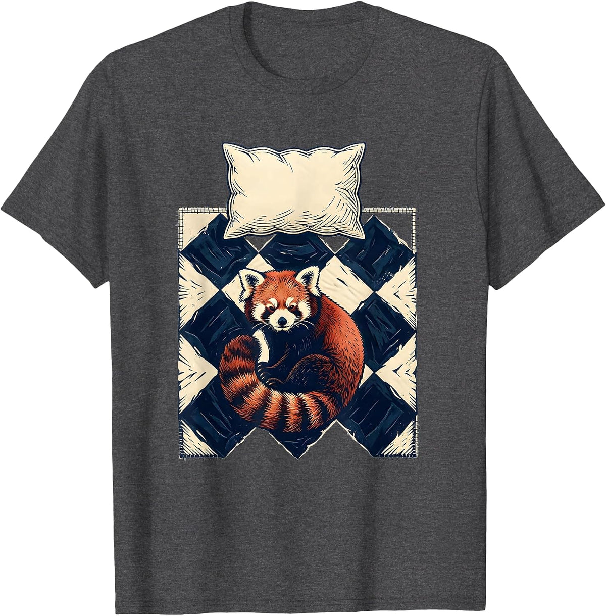 Men's Interlocked Diamond Quilt Sleeping Red Panda Pajama Humor T-Shirt - Dark Heather Grey