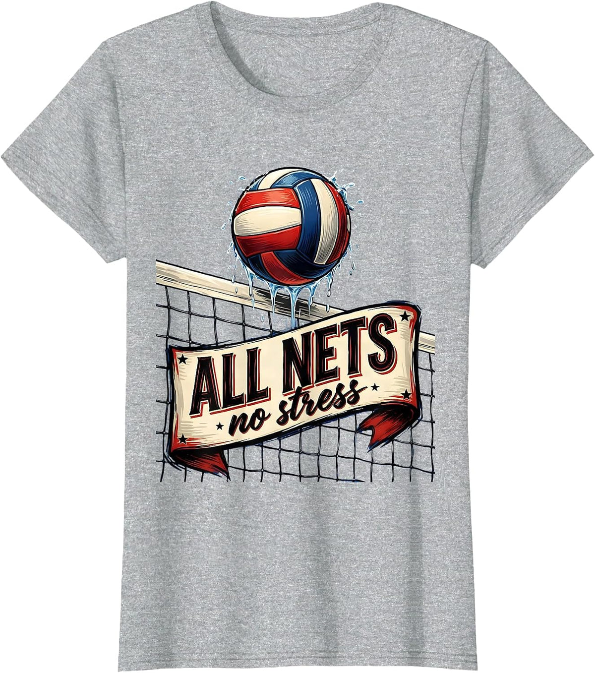 All Nets No Stress Volleyball Mom Design T-Shirt - Heather Grey