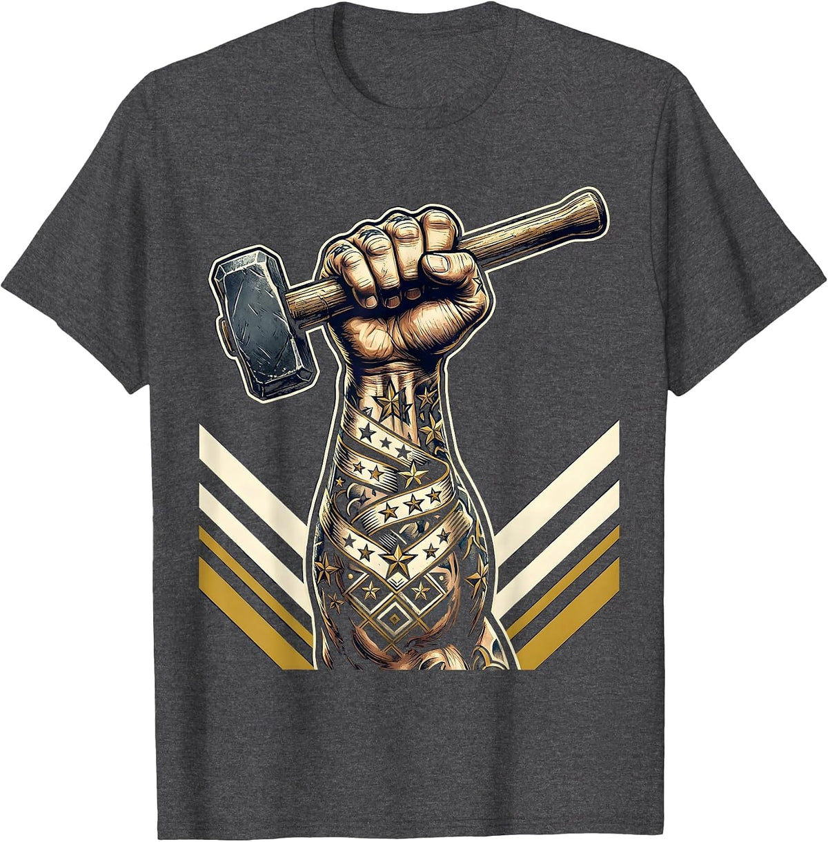 Blue Collar Strength Muscular Arm Hammer Tattoo T-Shirt - Dark Heather Grey
