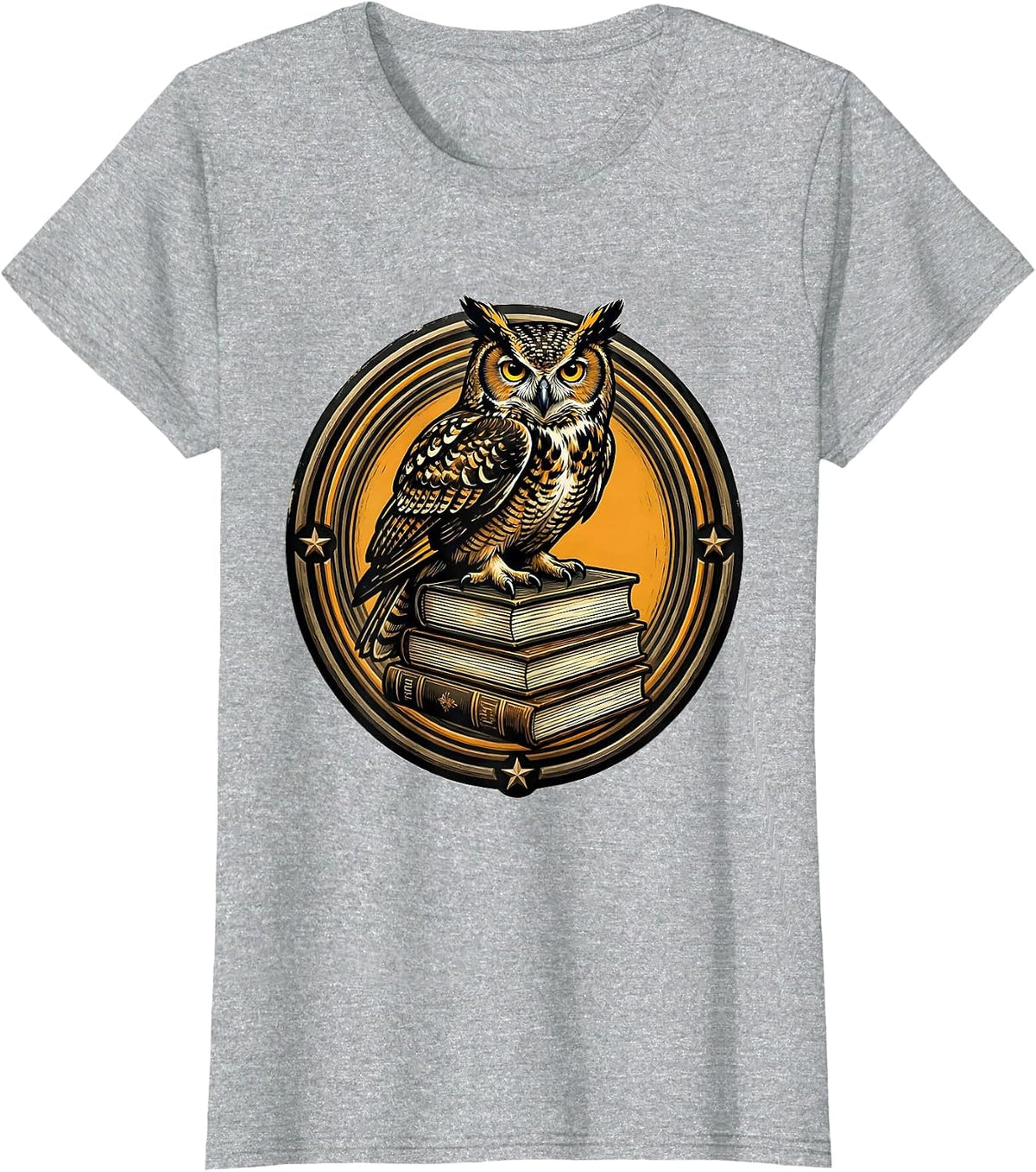 Women's Wise Owl Perched on Stack of Books Illustration T-Shirt - Heather Grey