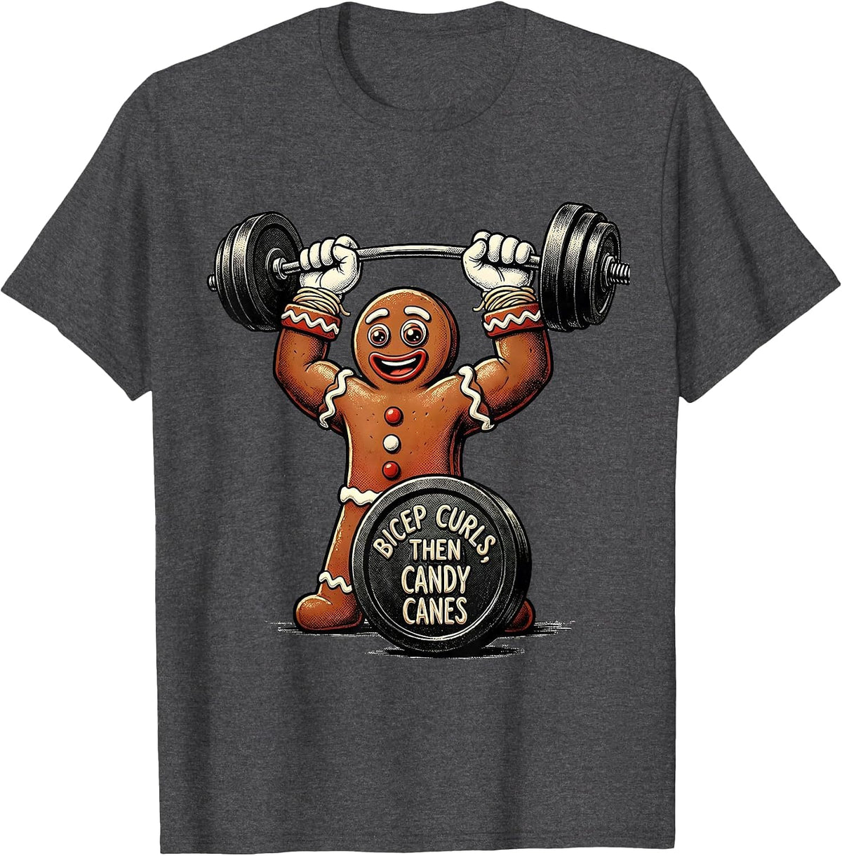 Men's Bicep Curls, Then Candy Canes Funny Gingerbread Man Gym T-Shirt - Dark Heather Grey