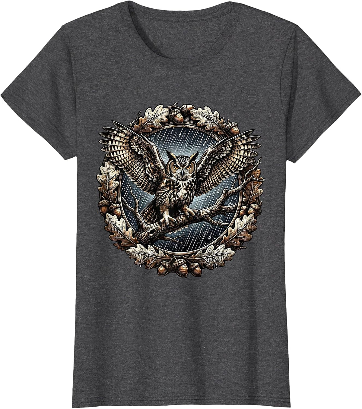 Women's Owl in the Rain Autumn Nature Illustration T-Shirt - Dark Heather Grey