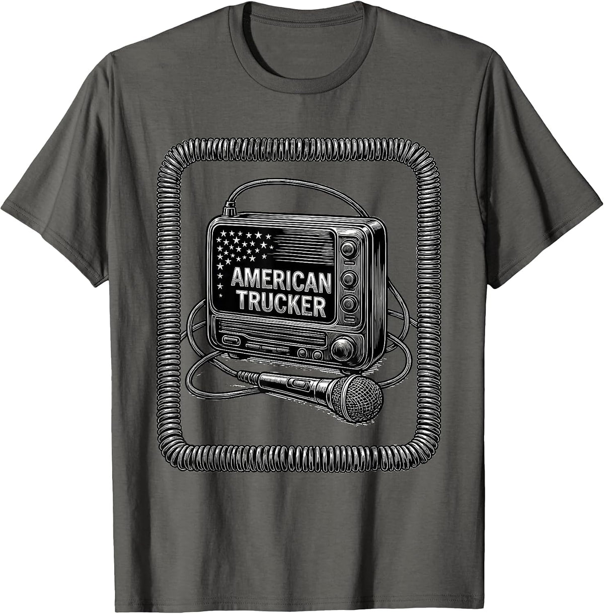 American Trucker Line Art Patriotic Trucker Gift T-Shirt - Asphalt Grey