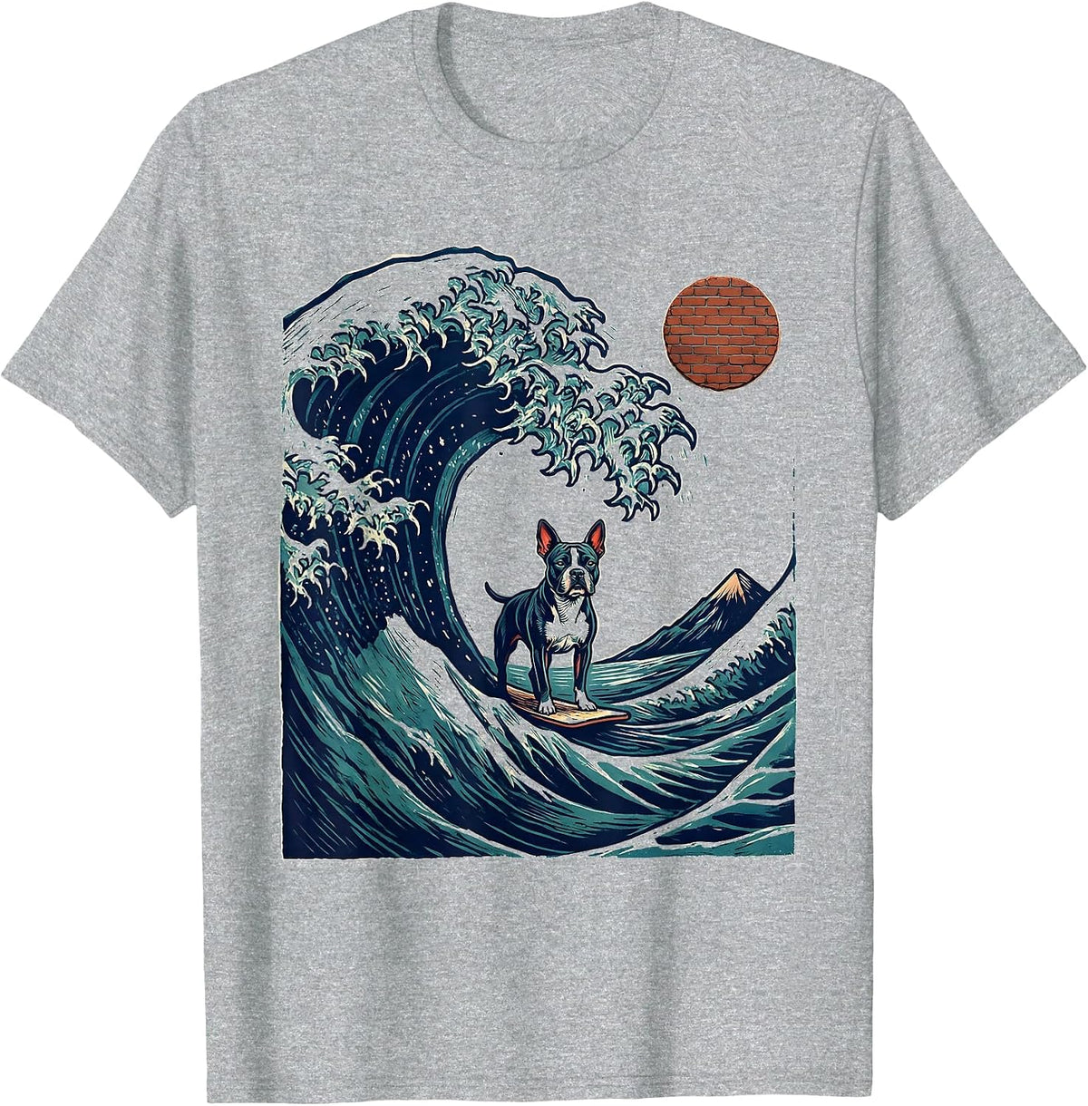 Men's American Staffordshire Terrier Japanese Great Wave Surfing T-Shirt - Heather Grey