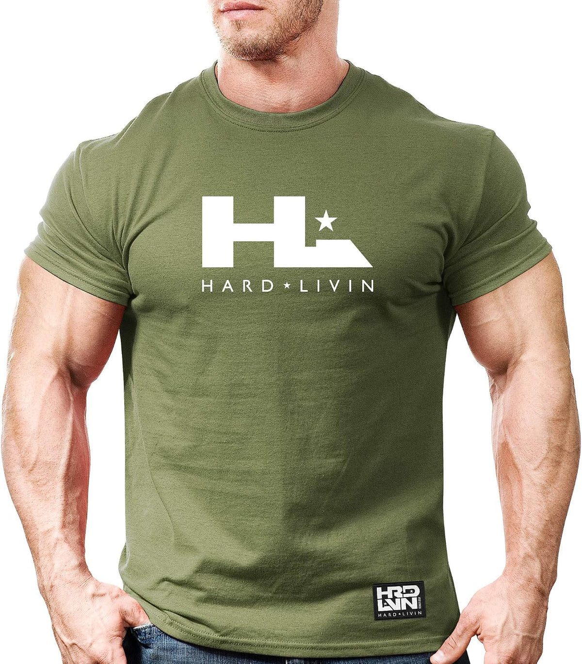 Monsta Clothing Co. Men's Bodybuilding Workout (HardLivin-HL-icon) Gym T-Shirt - Military Green Tee\/Wt Art