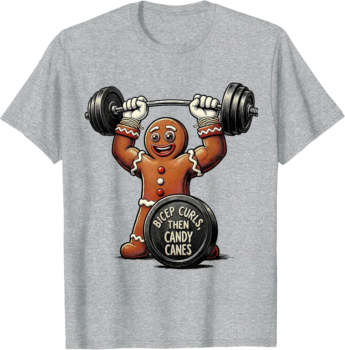 Men's Bicep Curls, Then Candy Canes Funny Gingerbread Man Gym T-Shirt - Heather Grey