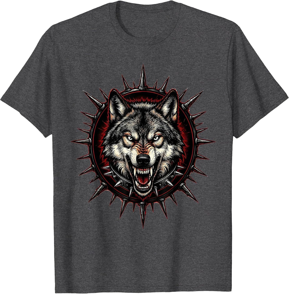 Snarling Wolf Spiked Collar Punk Band Graphic T-Shirt - Dark Heather Grey