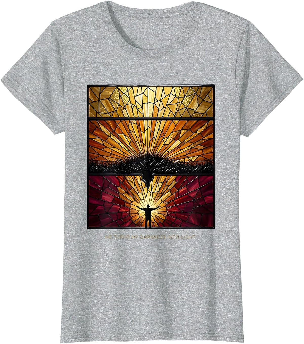 He Turns My Darkness Into Light Stained Glass Mosaic T-Shirt - Heather Grey