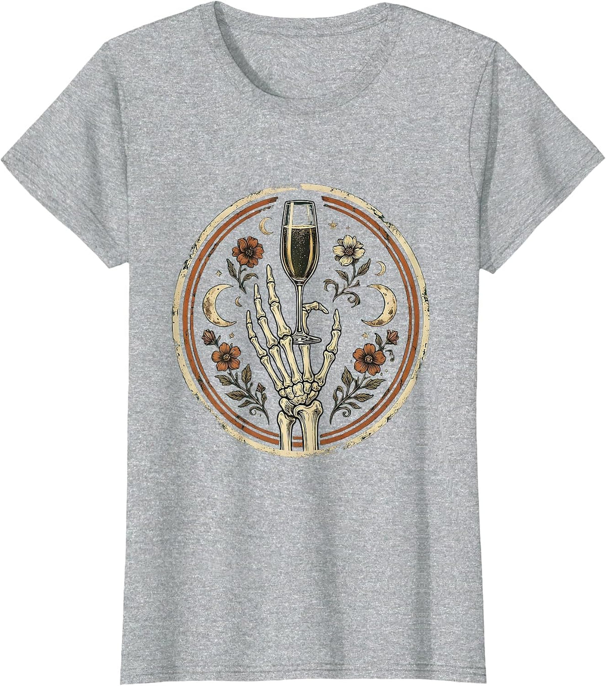 Skeleton Hand Reaching for Champagne Halloween T-Shirt - Heather Grey