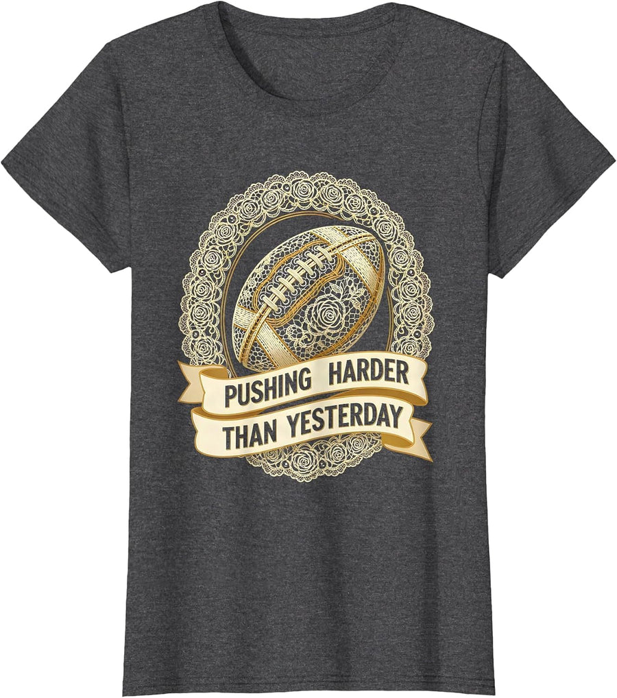 Women's Pushing Harder Than Yesterday Rugby Design T-Shirt - Dark Heather Grey