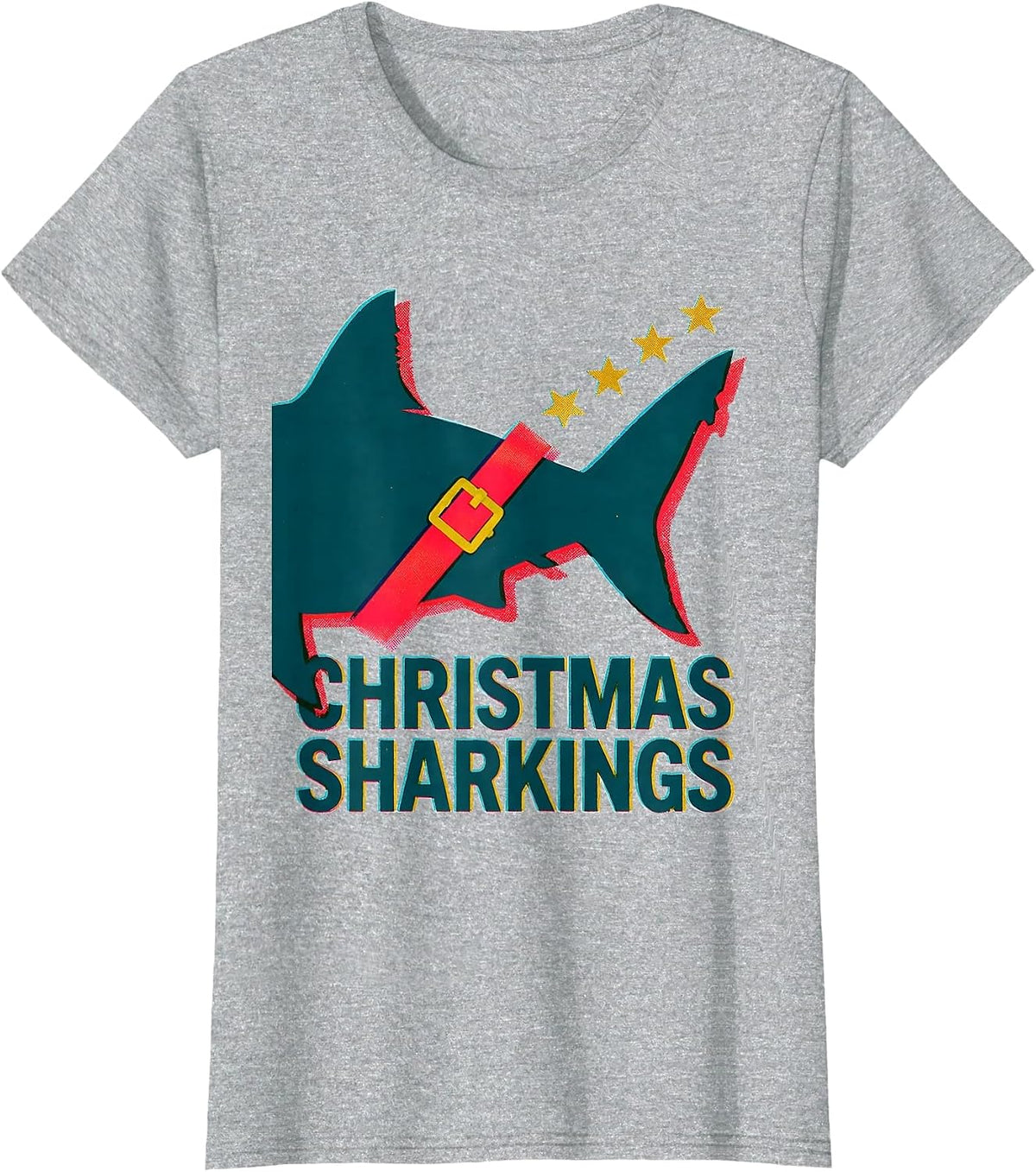 Women's Christmas Sharkings Risograph Shark Lover Funny Christmas T-Shirt - Heather Grey