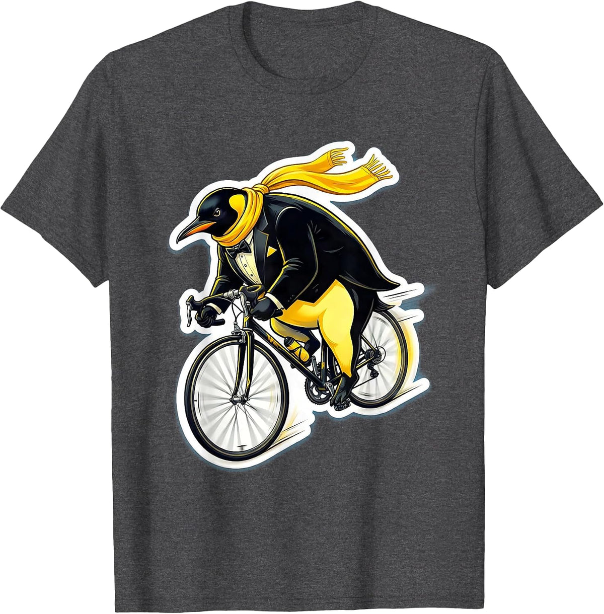Men's Penguin Downhill Bicycle Speed Cycling Illustration T-Shirt - Dark Heather Grey