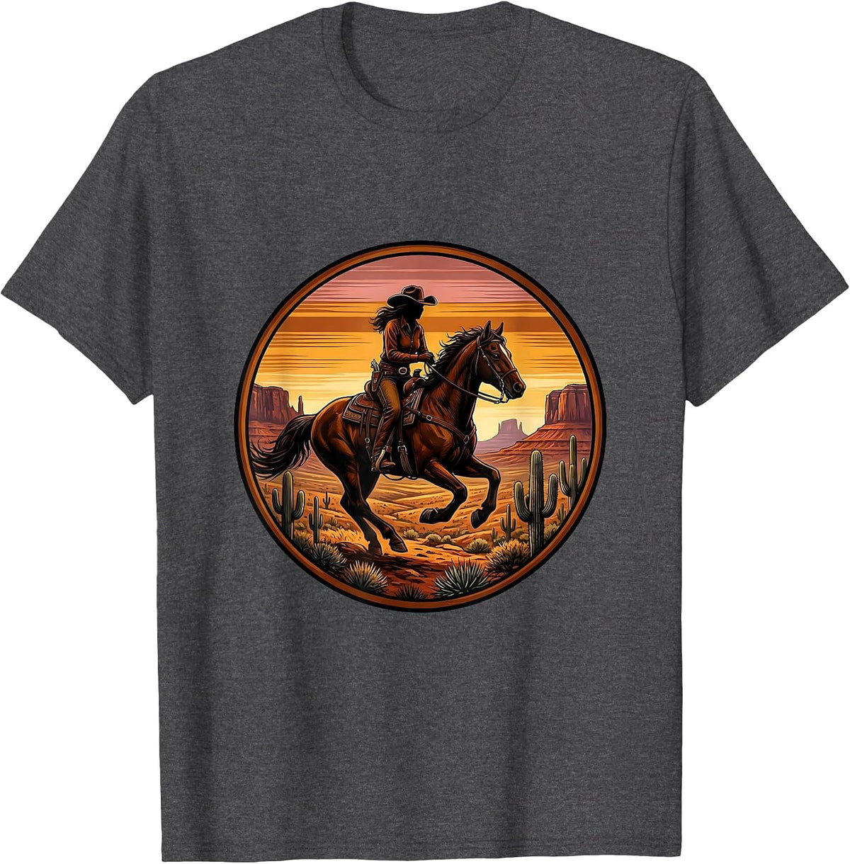 Denim Cowgirl Riding Horse Desert Sunset T-Shirt - Dark Heather Grey