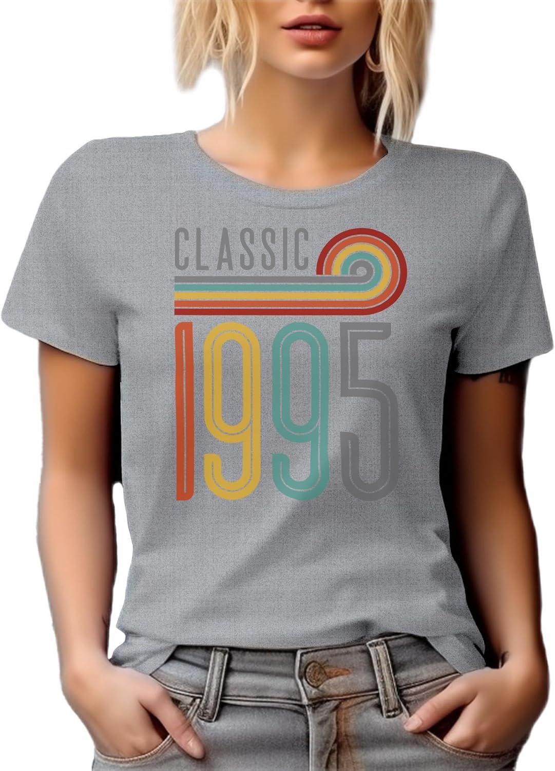 Vintage Classic 1995 feat. Rainbow Stripes, Birthday Graphic Tshirt - Heather Grey